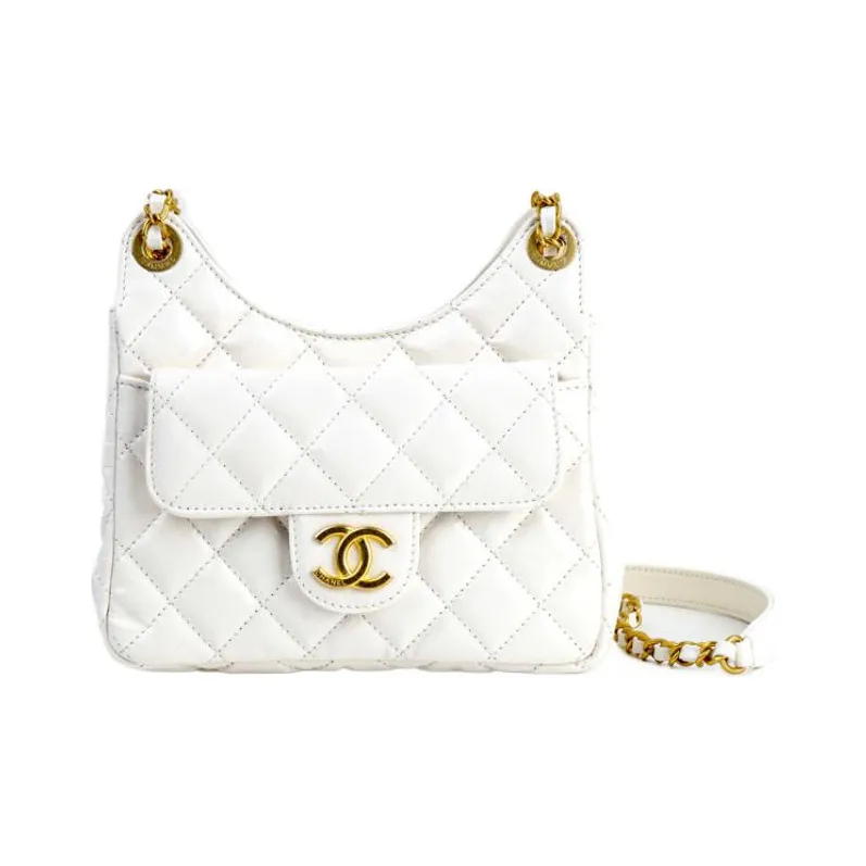 CHANEL HOBO Bright Color Wrinkle Oil Wax Calfskin Hobo Bag, Shoulder Bag, Crossbody Bag Trumpets Women's White-1