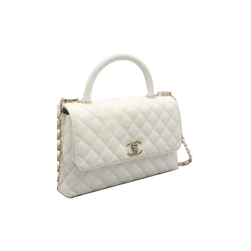 CHANEL Coco Handle Grain Embossed Calfskin Chain Bag, One Shoulder Handbag Women's White-5