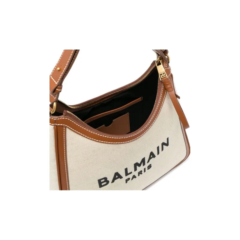 BALMAIN B ARMY Cotton With Cow Leather Tote Bag, Shopping Bag, Shoulder Bag, Handbag Women's Beige/Brown-3