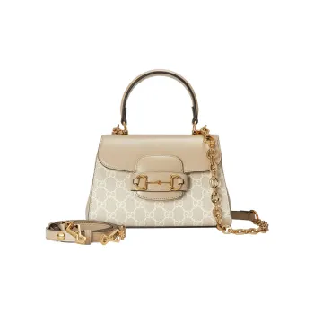 GUCCI Horsebit 1955 Canvas With Leather Shoulder Bag Crossbody Bag Handbag Mini Women's Ecru
