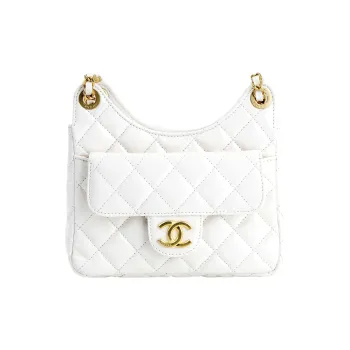 CHANEL HOBO Tmall Genie Bright Wrinkle Waxed Calfskin Hobo Bag Shoulder Crossbody Bag Small Size Women's White