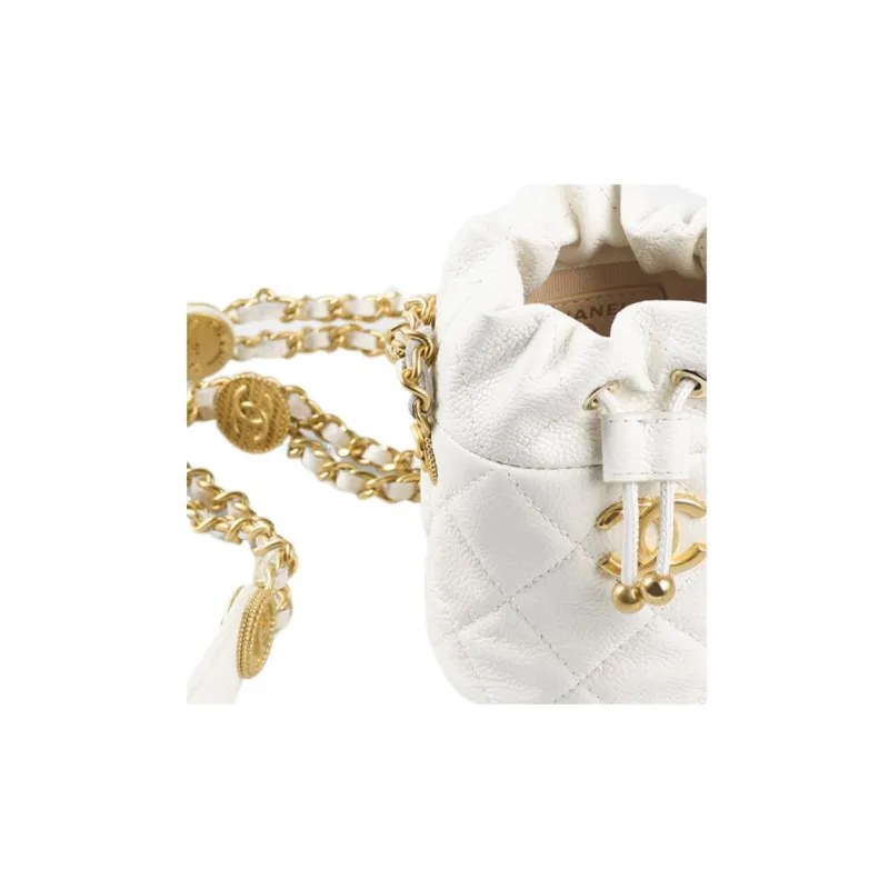 CHANEL 22A Early Autumn Grain Embossed Cow Leather Bucket Bag Crossbody Bag Mini Women's White/Black-2