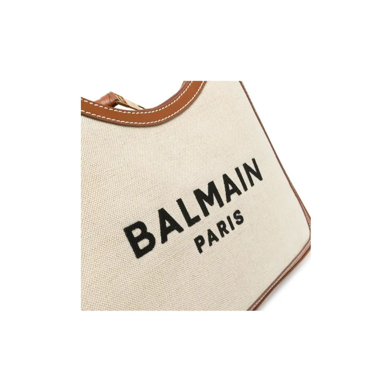 BALMAIN B ARMY Cotton With Cow Leather Tote Bag, Shopping Bag, Shoulder Bag, Handbag Women's Beige/Brown-2