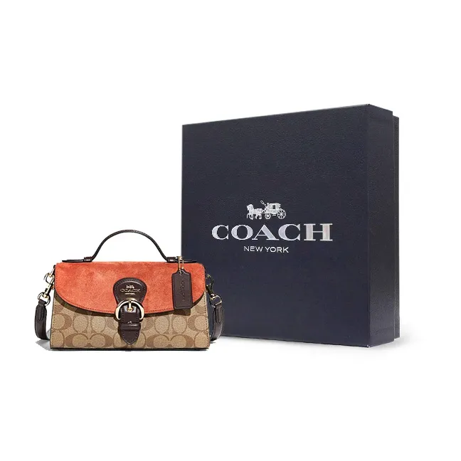 COACH Kleo Canvas Cow Leather Patchwork Handbag Shoulder Bag Crossbody Bag Medium Size Women's Orange/brown-5