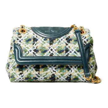 TORY BURCH Fleming Tweed Patchwork Crossbody Handbag Shoulder Bag Small Size Women's Color Blue