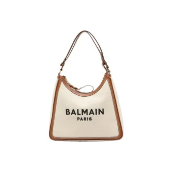 BALMAIN B ARMY Cotton With Cow Leather Tote Bag, Shopping Bag, Shoulder Bag, Handbag Women's Beige/Brown