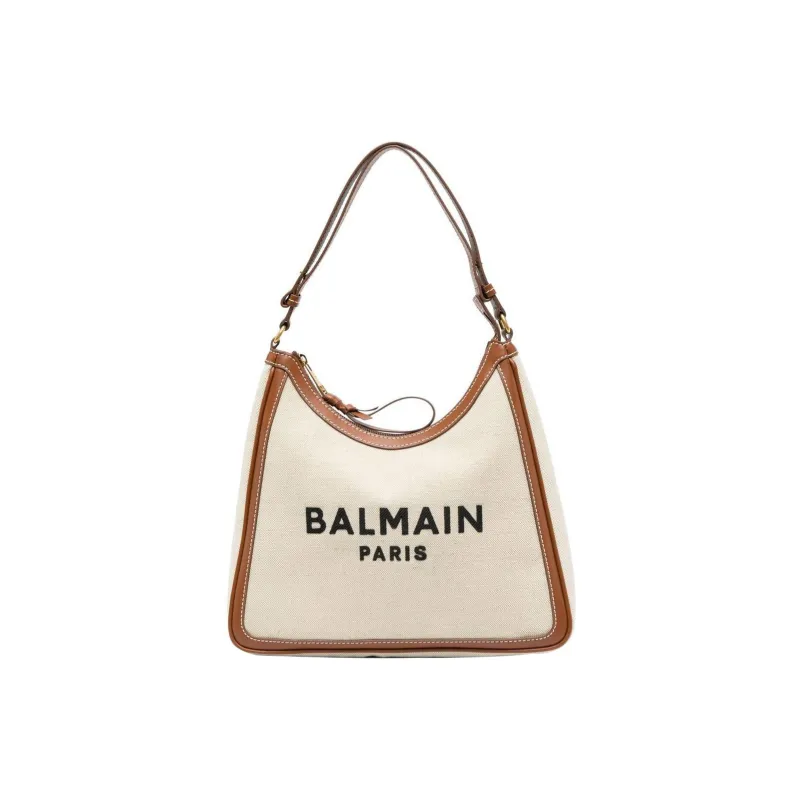 BALMAIN B ARMY Cotton With Cow Leather Tote Bag, Shopping Bag, Shoulder Bag, Handbag Women's Beige/Brown-0