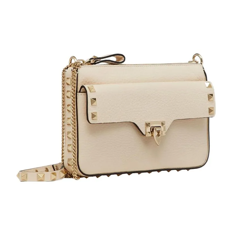 Valentino Rockstud Grained Calfskin One Shoulder Crossbody Clutches Women's White-1