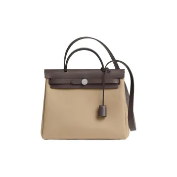 HERMES Herbag Zip Canvas With Leather Canvas Bag Crossbody Bag Women's Trench Coat In Beige/Wooden Color