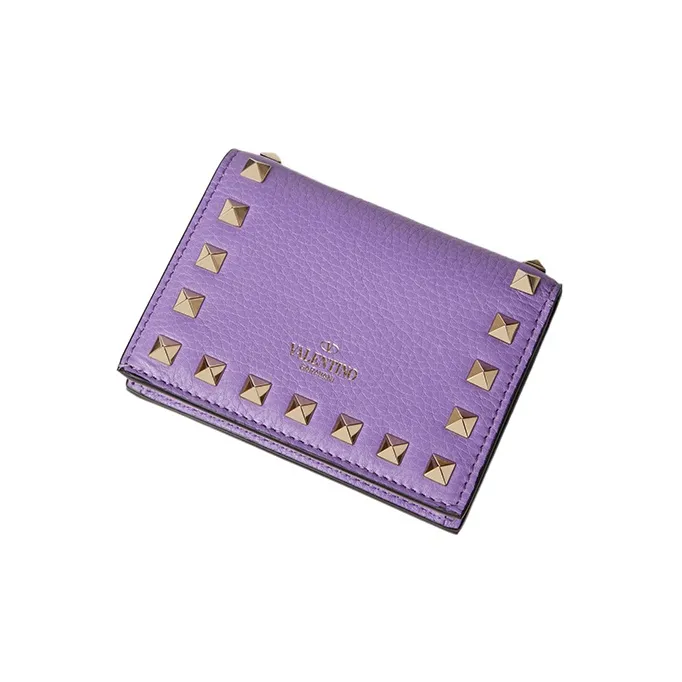 Valentino Rockstud Grained Calfskin Wallet Small Size Women's Purple-2