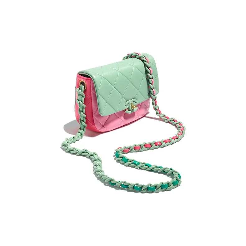 CHANEL Shiny Lambskin Shoulder Bag, Crossbody Bag Mini Women's Light Green/Pink/Red-1