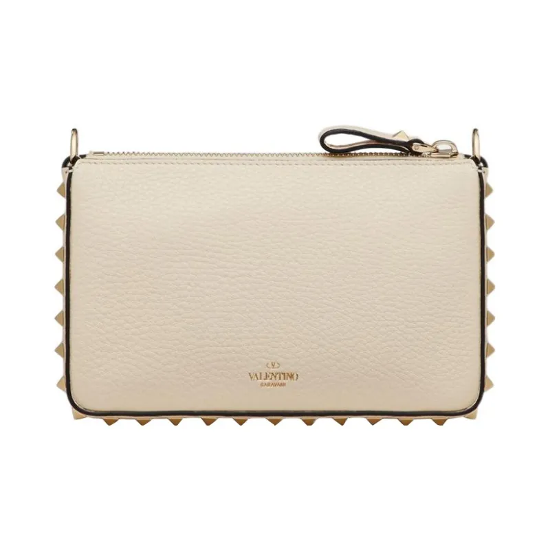 Valentino Rockstud Grained Calfskin One Shoulder Crossbody Clutches Women's White-3