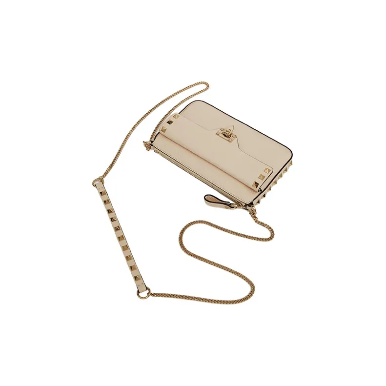 Valentino Rockstud Grained Calfskin One Shoulder Crossbody Clutches Women's White-4