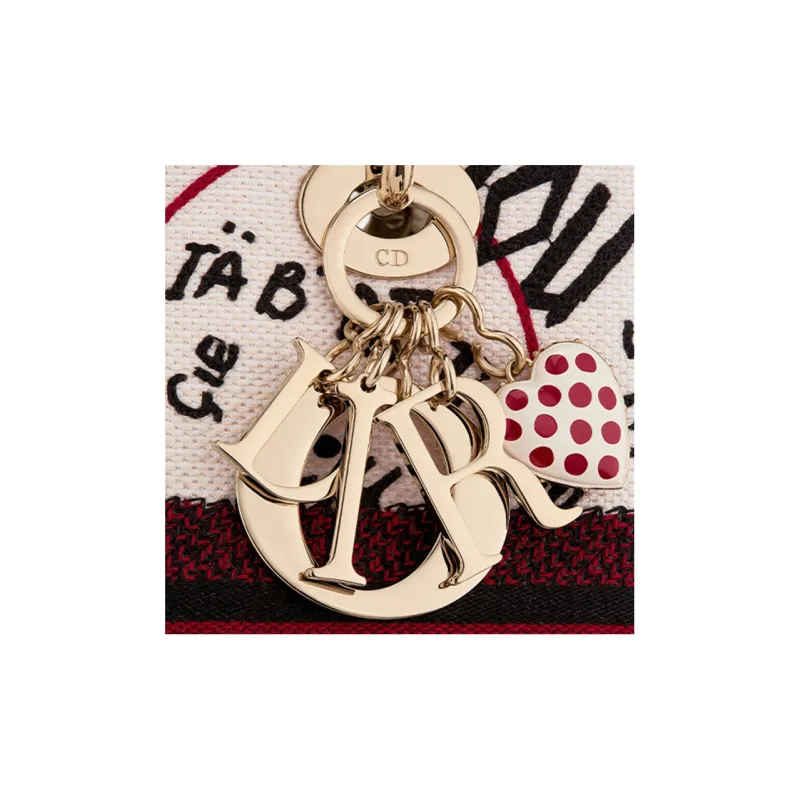 DIOR Lady Dior Embroidery Dior Bag Shoulder Bag Crossbody Bag Handbag Medium Size Women's White/Red-4