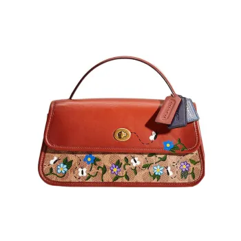 COACH Turnlock Canvas With Calfskin Handbag Shoulder Bag Crossbody Bag Clutches Large Size Women's Brown