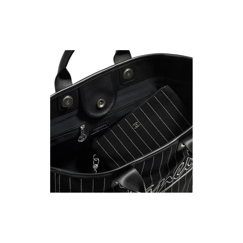 CHANEL Cotton With Calfskin Tote Bag, Shopping Bag, Handbag Tubas Women's Black/White-3