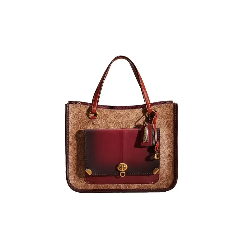 COACH Tyler Canvas With Calfskin Shoulder Bag Crossbody Bag Handbag Large Size Women's Brown & Red-0