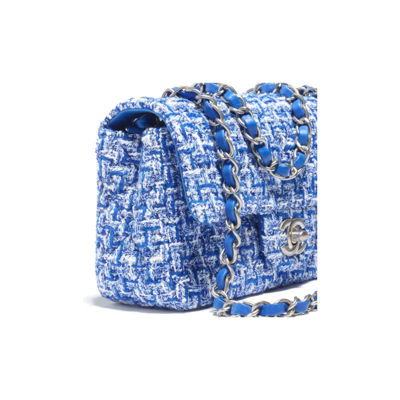 CHANEL Cotton Felt Flap Bag, Shoulder Bag, Crossbody Bag Mini Women's Blue/White-2