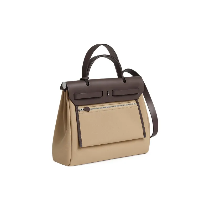 HERMES Herbag Zip Canvas With Leather Canvas Bag Crossbody Bag Women's Trench Coat In Beige/Wooden Color-2