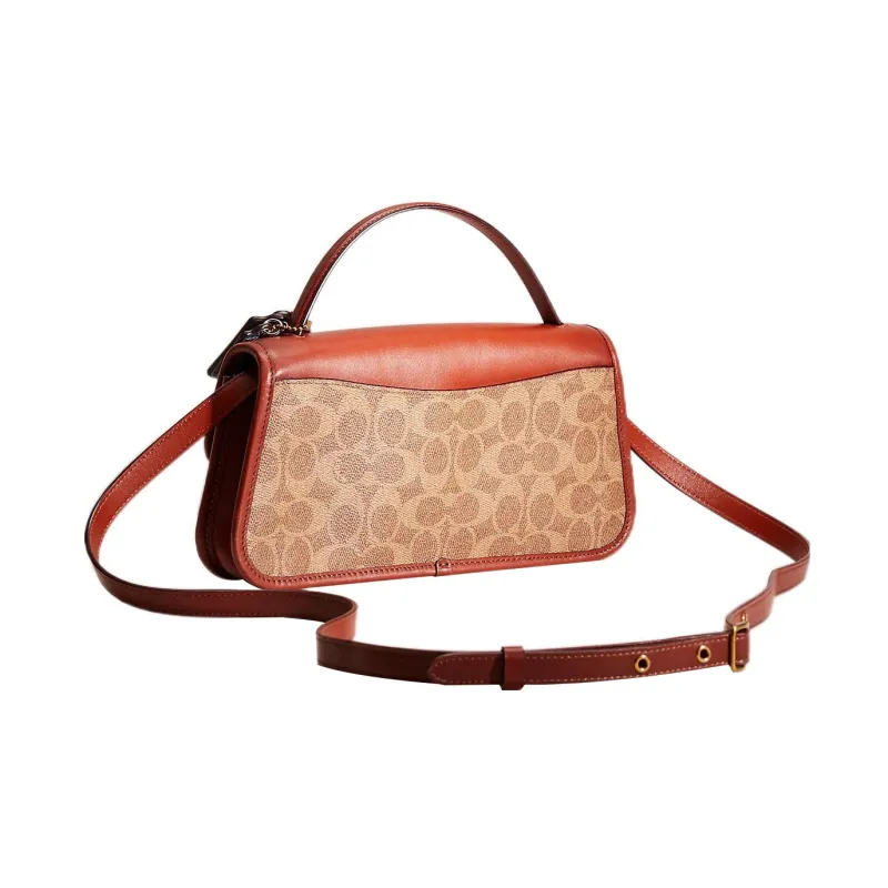 COACH Turnlock Canvas With Calfskin Handbag Shoulder Bag Crossbody Bag Clutches Large Size Women's Brown-1