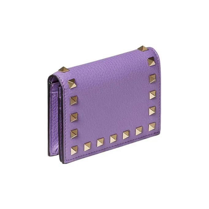 Valentino Rockstud Grained Calfskin Wallet Small Size Women's Purple-1
