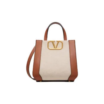 Valentino Vlogo Canvas With Leather Canvas Bag Shoulder Bag Crossbody Bag Handbag Small Size Women's Beige/Saddle Brown