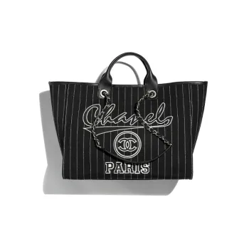 CHANEL Cotton With Calfskin Tote Bag, Shopping Bag, Handbag Tubas Women's Black/White
