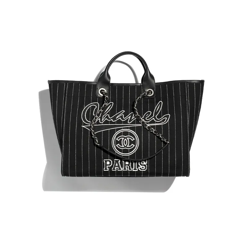 CHANEL Cotton With Calfskin Tote Bag, Shopping Bag, Handbag Tubas Women's Black/White-0
