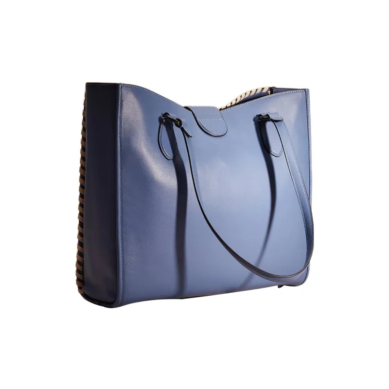 COACH Theo Tote Leather Tote Bag Shopping Bag Shoulder Bag Handbag Large Size Women's Blue & White-1