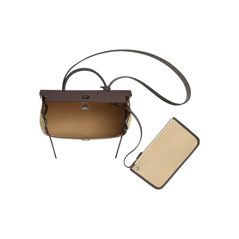 HERMES Herbag Zip Canvas With Leather Canvas Bag Crossbody Bag Women's Trench Coat In Beige/Wooden Color-3