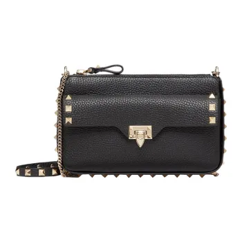 Valentino Rockstud Grained Calfskin One Shoulder Crossbody Clutch Women's Black