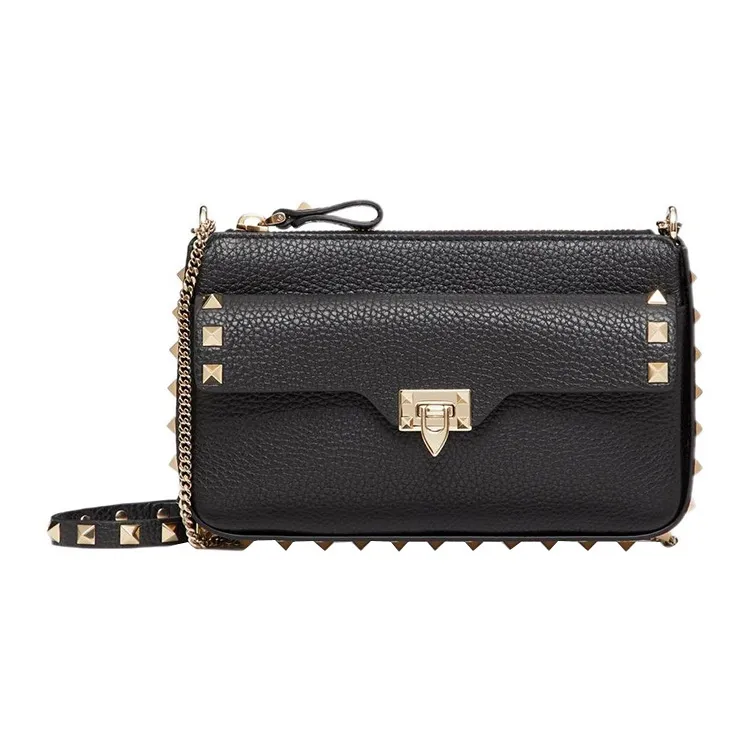 Valentino Rockstud Grained Calfskin One Shoulder Crossbody Clutch Women's Black-0