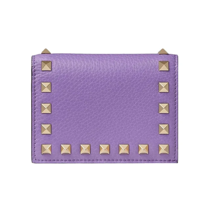 Valentino Rockstud Grained Calfskin Wallet Small Size Women's Purple-0
