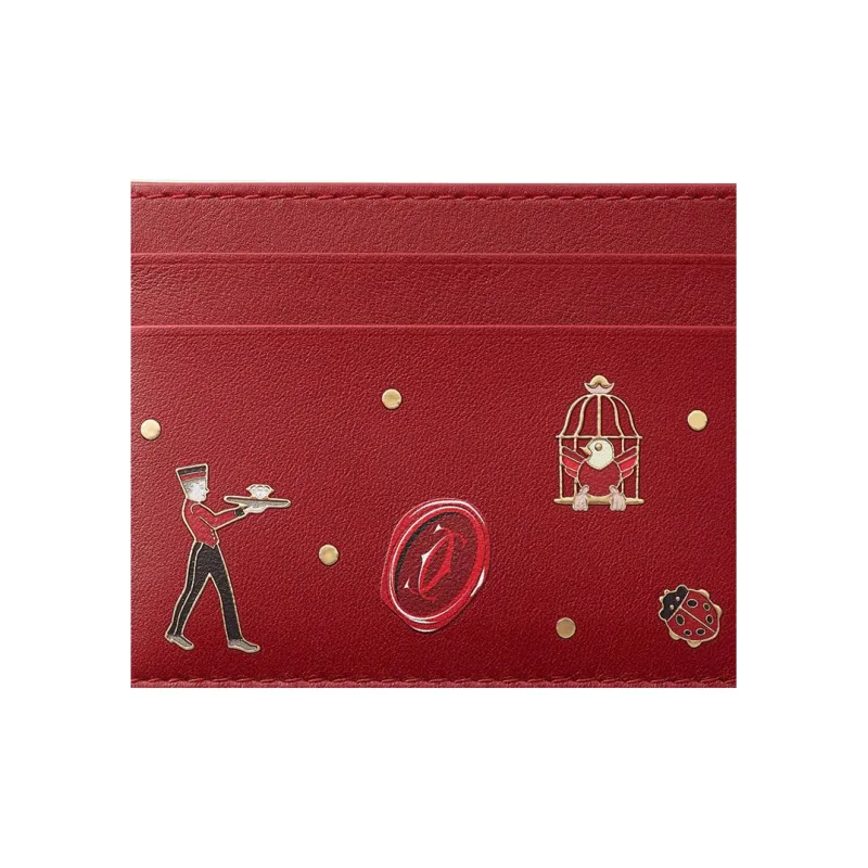 CARTIER Calfskin Card Holder Women's Red-5