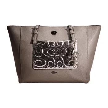 COACH Turnlock Cross Stitch Leather Tote Bag Shopping Bag Handbag Shoulder Bag Women's Gray & Silver
