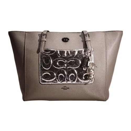 COACH Turnlock Cross Stitch Leather Tote Bag Shopping Bag Handbag Shoulder Bag Women's Gray & Silver