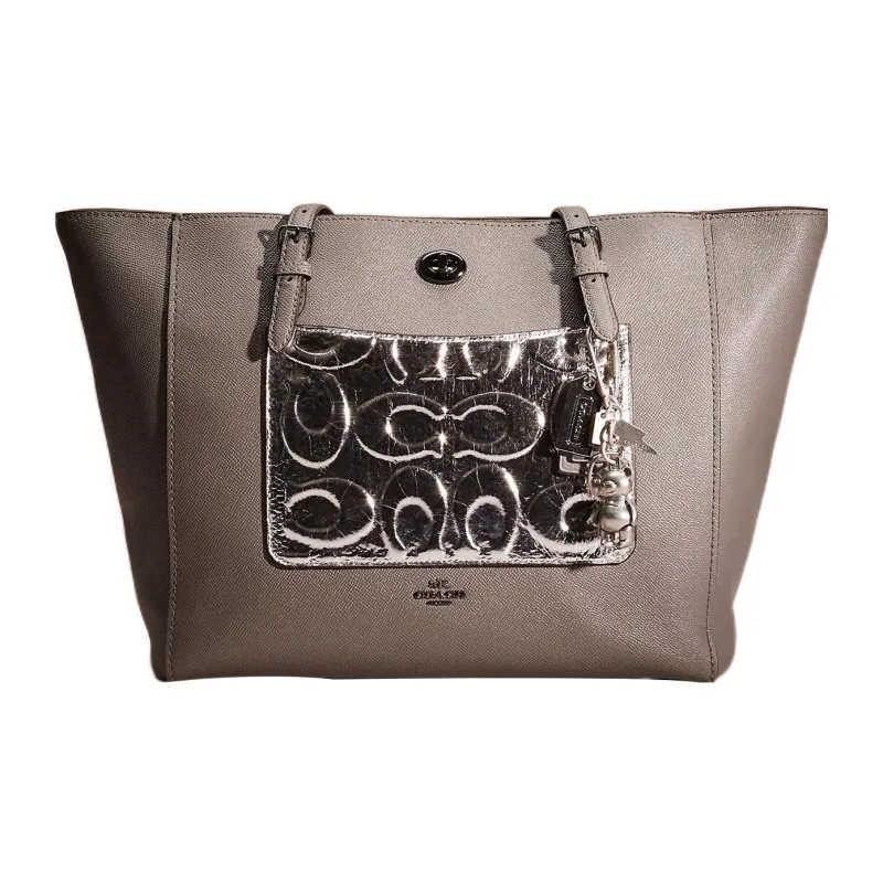 COACH Turnlock Cross Stitch Leather Tote Bag Shopping Bag Handbag Shoulder Bag Women's Gray & Silver-0
