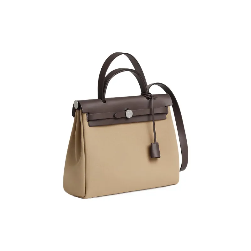 HERMES Herbag Zip Canvas With Leather Canvas Bag Crossbody Bag Women's Trench Coat In Beige/Wooden Color-1