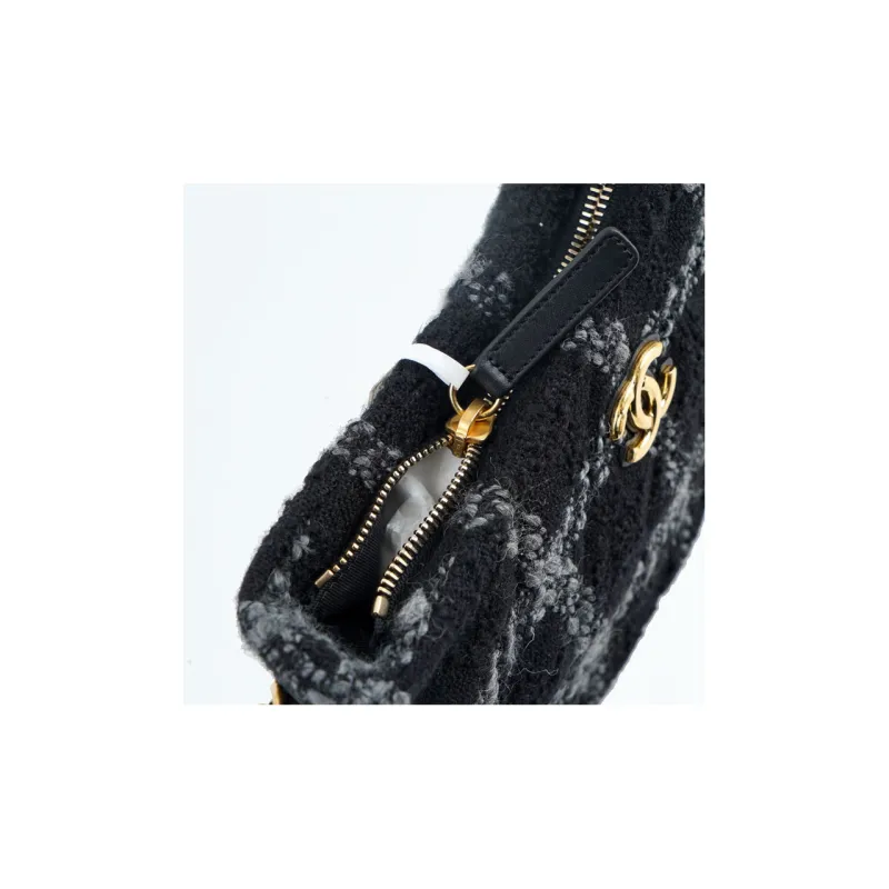 CHANEL 22K Autumn And Winter Woolen Hobo Bag, Hippie Bag, Shoulder Bag, Handbag Women's Black-4