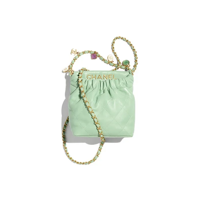 CHANEL Lambskin Bucket Bag, Shoulder Bag, Crossbody Bag Trumpets Women's Light Green-0