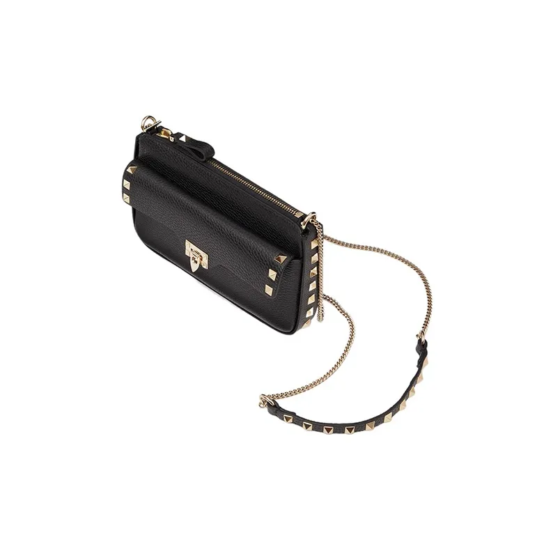 Valentino Rockstud Grained Calfskin One Shoulder Crossbody Clutch Women's Black-4