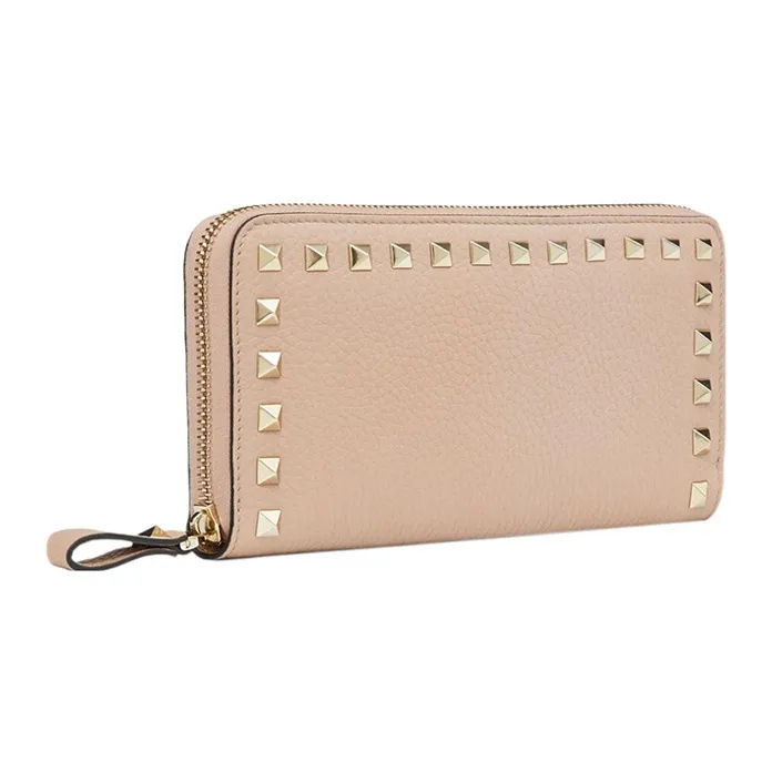 Valentino Rockstud Grained Calfskin Wallet Women's Pink-1