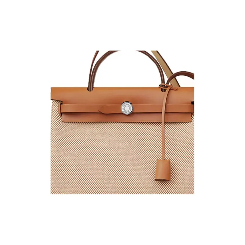 HERMES Herbag Zip Canvas With Leather Handbag, Shoulder Bag, Crossbody Bag Unisex Beige/Natural Color-4