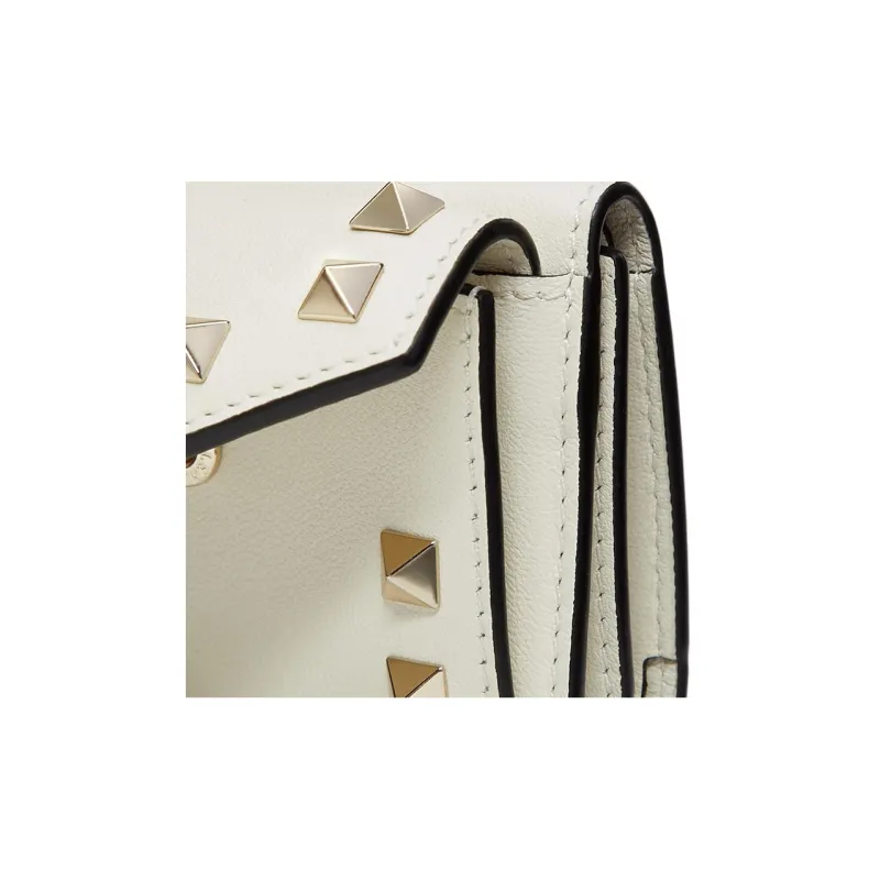 Valentino Rockstud Calfskin Wallet Small Size Women's Light Ivory-4