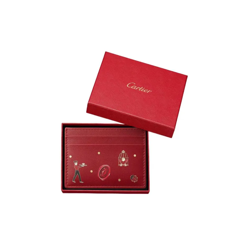 CARTIER Calfskin Card Holder Women's Red-3