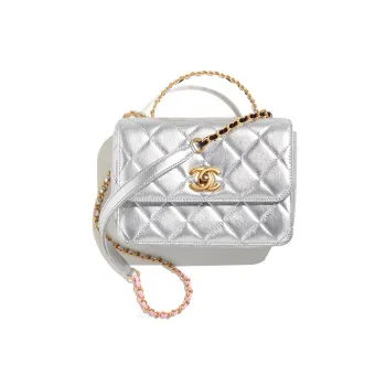 CHANEL 23P SS Metal With Lambskin Flap Bag, Handbag, Shoulder Bag, Crossbody Bag Mini Women's Silver