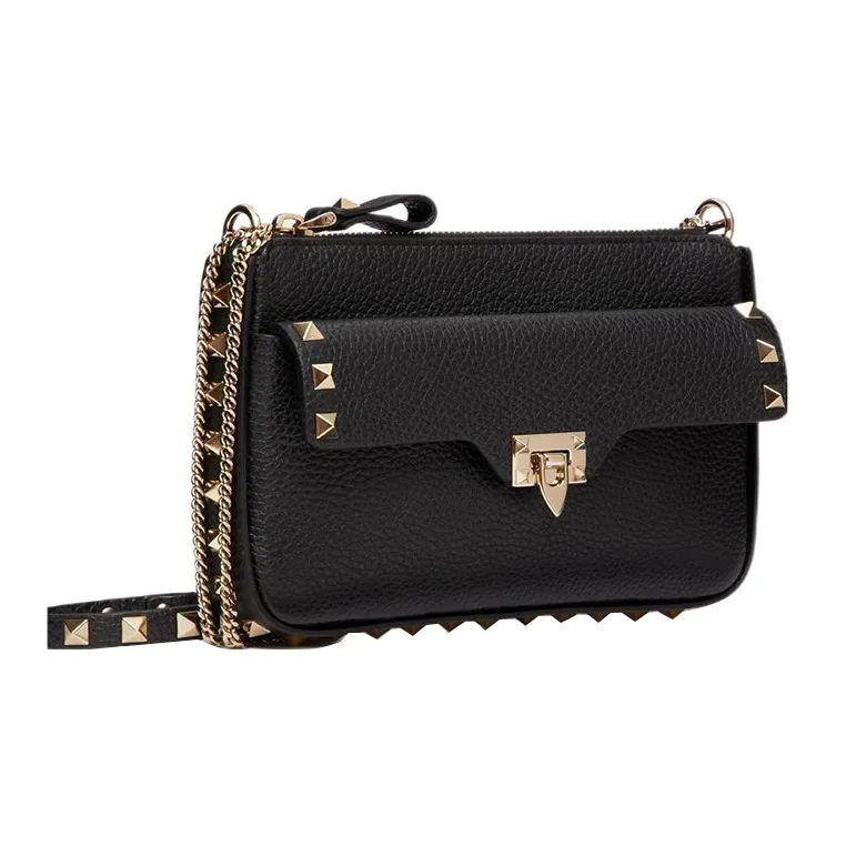 Valentino Rockstud Grained Calfskin One Shoulder Crossbody Clutch Women's Black-1