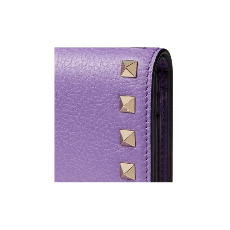 Valentino Rockstud Grained Calfskin Wallet Small Size Women's Purple-4