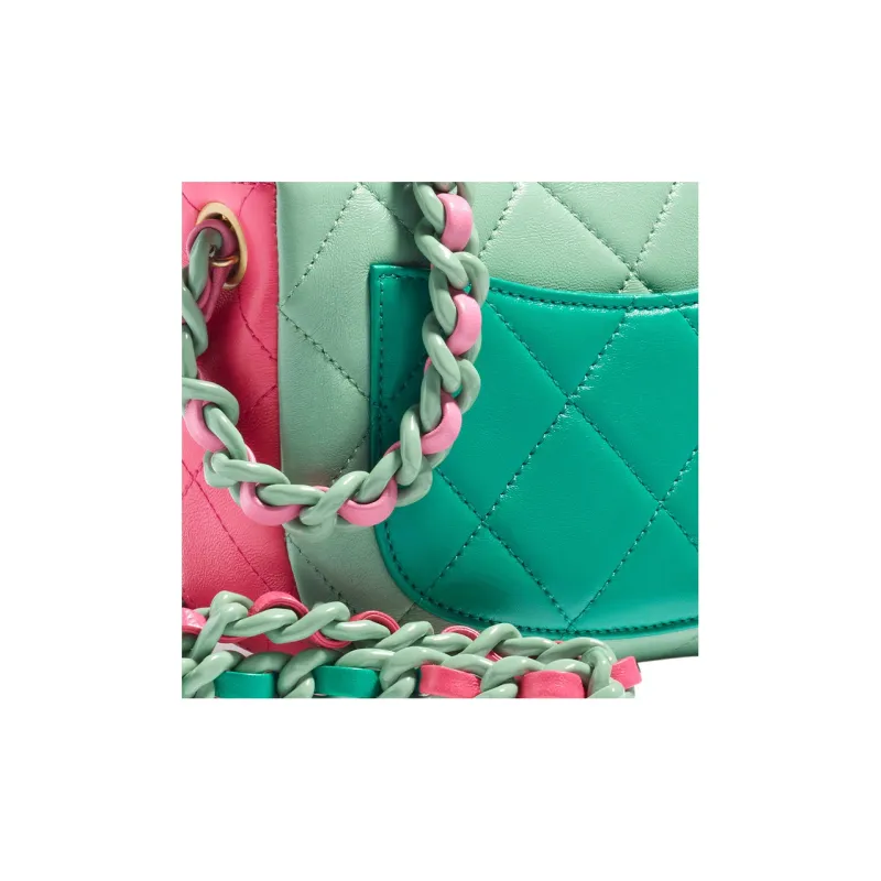 CHANEL Shiny Lambskin Shoulder Bag, Crossbody Bag Mini Women's Light Green/Pink/Red-3