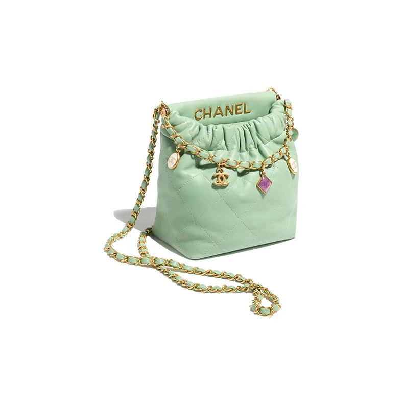 CHANEL Lambskin Bucket Bag, Shoulder Bag, Crossbody Bag Trumpets Women's Light Green-1